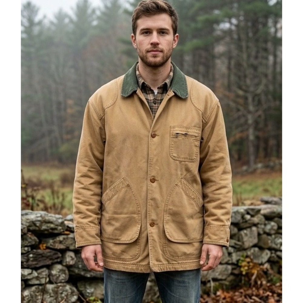 LL Bean Field Coat Mens Large Plaid Flannel Lined Tan Barn Chore Cotton Canvas